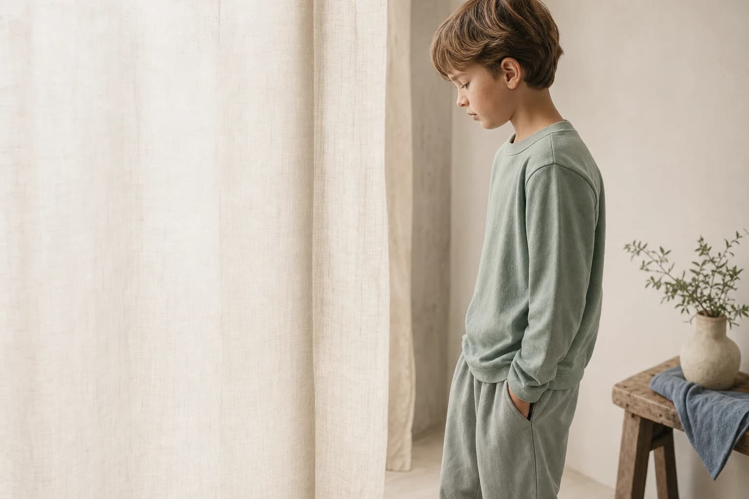 Child in a soft sage-green outfit standing by a linen curtain