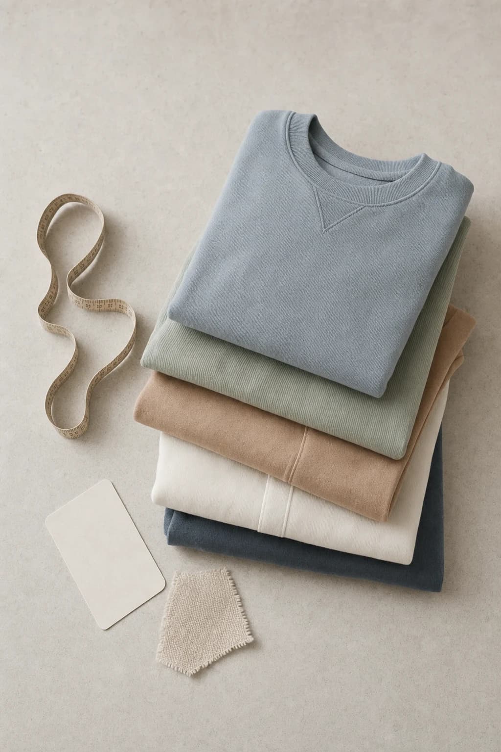Folded children's clothes in muted blue, sage, ivory and clay with a measuring tape